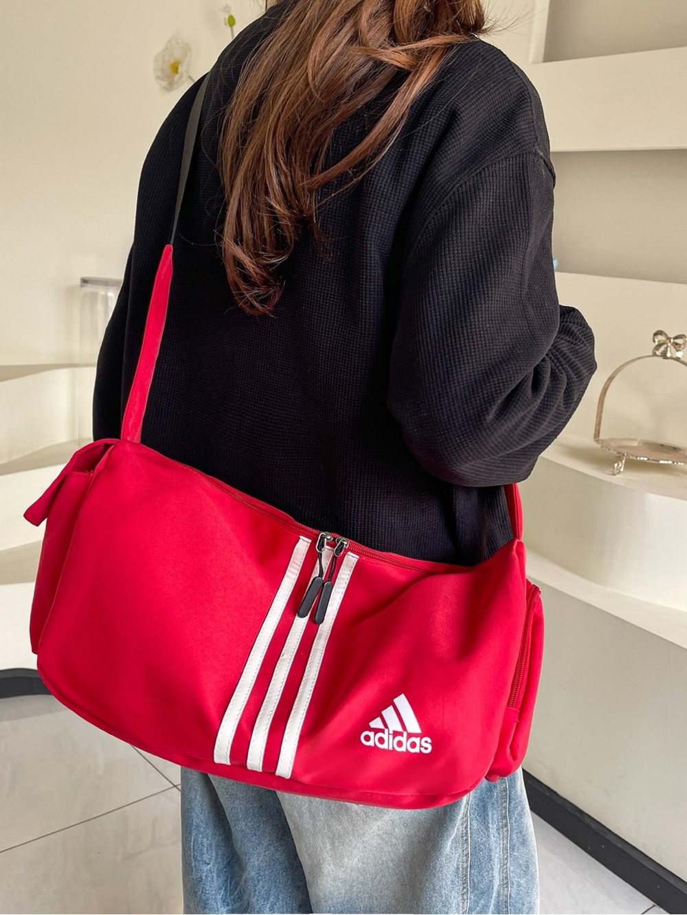 adidas Red mediun duffle Bag with White Three-Stripes